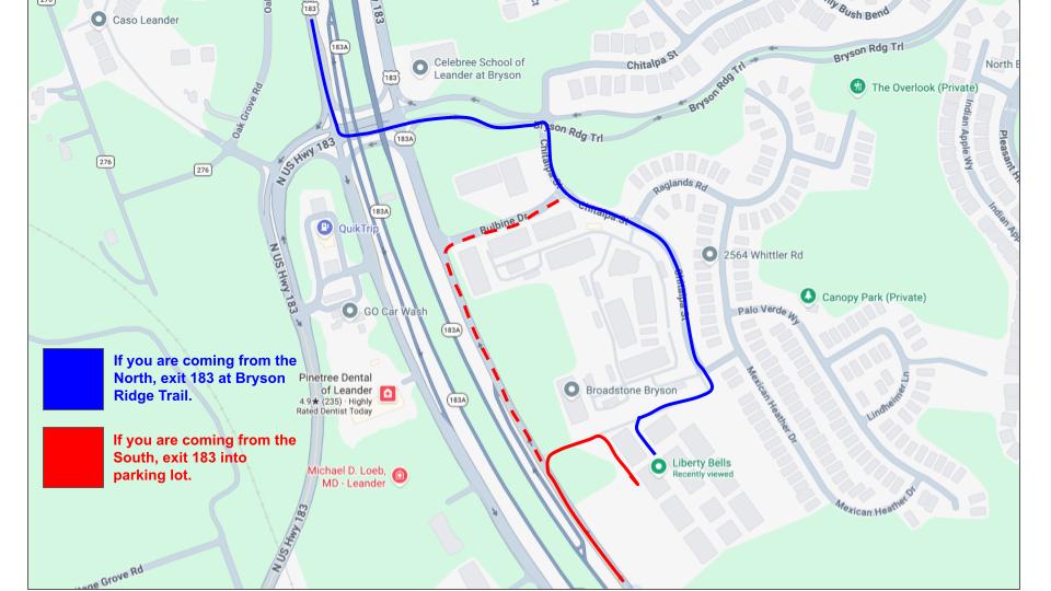 Map with driving directions to Liberty Bells at 401 S. Chitalpa St., Leander, TX